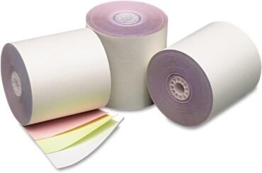 PM Company 07638 Three Ply Cash Register/POS Rolls, 3-Inch x 70 ft., White/Canary/Pink, 50/Carton