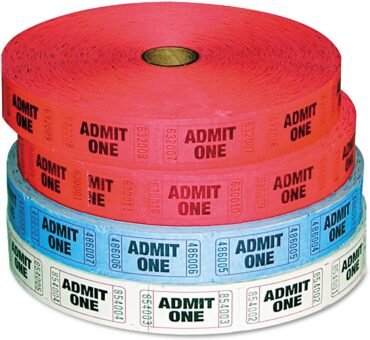 PM Company 59001 Admit-One Ticket Multi-Pack, 4 Rolls, 2 Red, 1 Blue, 1 White, 2000/Roll