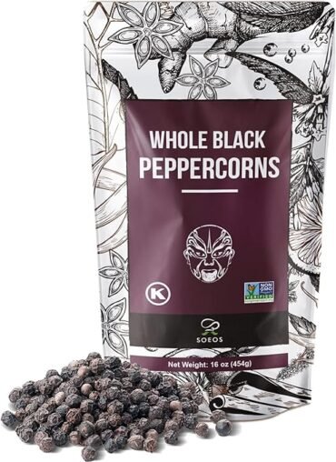 Soeos Black Peppercorns, 16oz (Pack of 1), Non-GMO, Kosher, Packed to Keep Peppers Fresh, Peppercorn for Grinder Refill, Whole Peppercorns