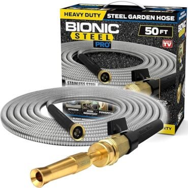 Bionic Steel PRO Garden Hose - 304 Stainless Steel Metal 50 Foot Garden Hose – Heavy Duty Lightweight, Kink-Free, and Stronger Than Ever with Brass Fittings and On/Off Valve – 2021 Model