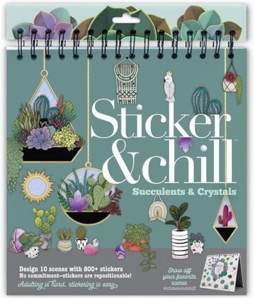 Sticker & Chill Sticker Book for Adults – 800+ Repositionable Clings Create Designs on 10 Spiral Bound Scene Pages – Easy, Fun & Stress Relieving Relaxation Activity – Succulents & Crystals Series